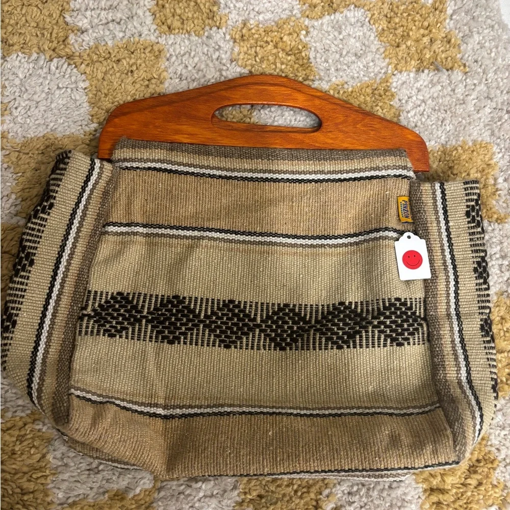 NWOT Handcrafted Tan and Black Woven Bag - Picture 2 of 5